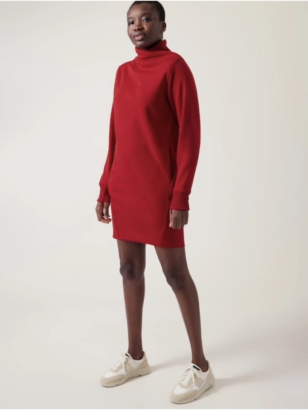 Athleta Cozy Karma Sweater Dress Mock Neck Long Sleeve Fleece Pockets Red M Tall